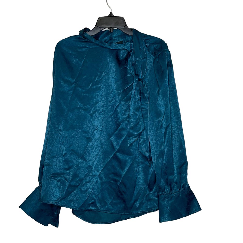 Worthington Satin Texas Teal Draped‎ Textured Blouse Hi Neck Bow Women PXXL NWT